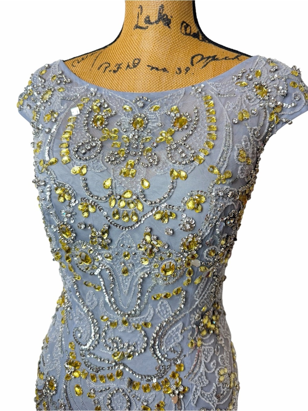 Sherri Hill Beaded Cocktail Dress Blue Gray Gold Embellished Open Back Size 8 - Picture 10 of 10